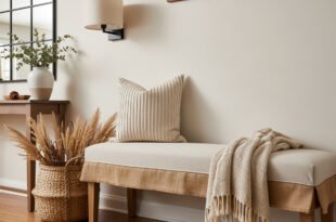 Neutral farmhouse entryway with a cushioned bench, striped pillow, woven basket of dried grasses, and a console table decorated with candles and greenery, styled with cozy fall decor.
