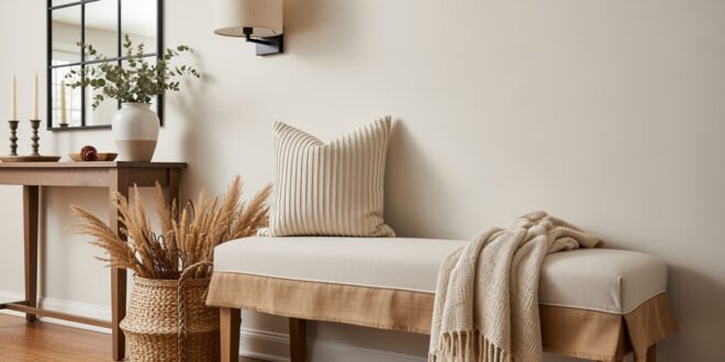 Neutral farmhouse entryway with a cushioned bench, striped pillow, woven basket of dried grasses, and a console table decorated with candles and greenery, styled with cozy fall decor.