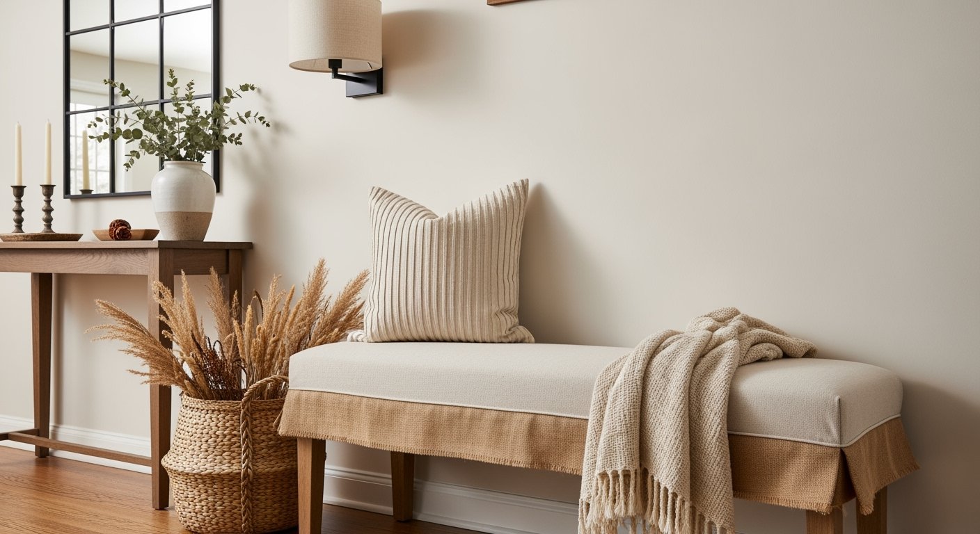 Neutral farmhouse entryway with a cushioned bench, striped pillow, woven basket of dried grasses, and a console table decorated with candles and greenery, styled with cozy fall decor.