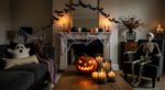 Cozy living room with a jack-o’-lantern centerpiece, glowing candles, cobwebs, and a skeleton seated by the fireplace in a Spooky-Chic Halloween Home.