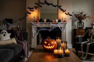 Cozy living room with a jack-o’-lantern centerpiece, glowing candles, cobwebs, and a skeleton seated by the fireplace in a Spooky-Chic Halloween Home.