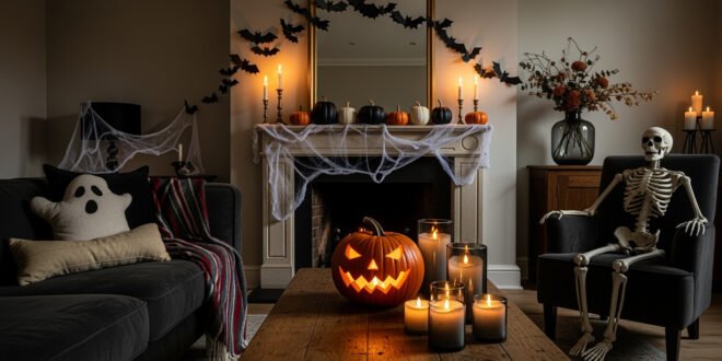Cozy living room with a jack-o’-lantern centerpiece, glowing candles, cobwebs, and a skeleton seated by the fireplace in a Spooky-Chic Halloween Home.