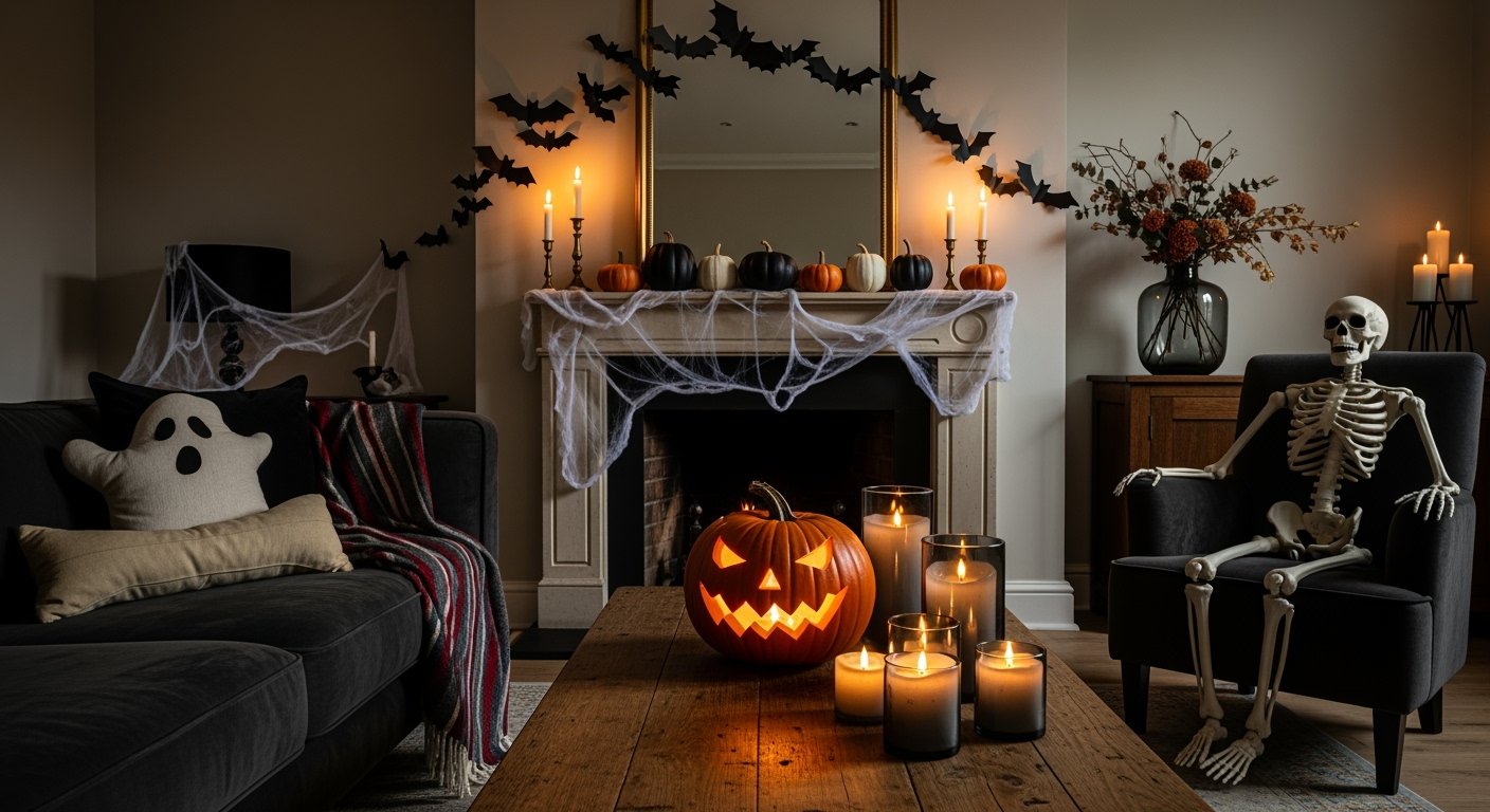 Cozy living room with a jack-o’-lantern centerpiece, glowing candles, cobwebs, and a skeleton seated by the fireplace in a Spooky-Chic Halloween Home.