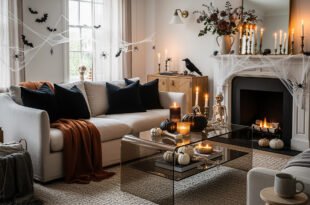 Cozy halloween living room with cobwebs, candles, pumpkins, and a skeleton beside a glowing fireplace for a Spooky-Chic Halloween Home.