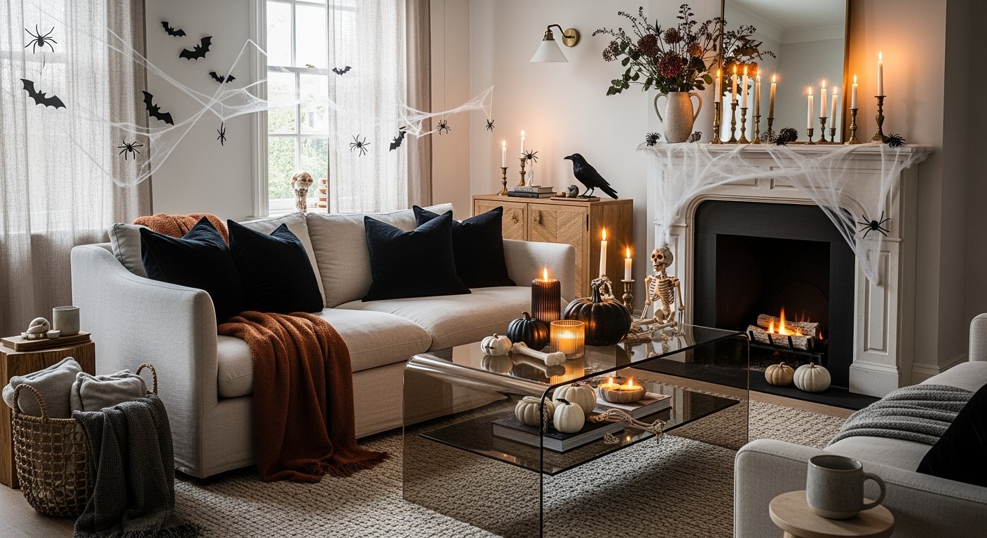 Cozy halloween living room with cobwebs, candles, pumpkins, and a skeleton beside a glowing fireplace for a Spooky-Chic Halloween Home.