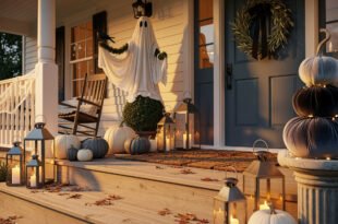 Front porch decorated with stacked velvet pumpkins, glowing lanterns, a ghost figure, and autumn leaves for a Spooky-Chic Halloween Home.