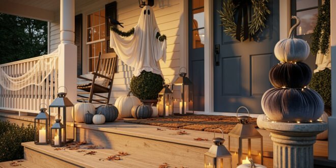 Front porch decorated with stacked velvet pumpkins, glowing lanterns, a ghost figure, and autumn leaves for a Spooky-Chic Halloween Home.