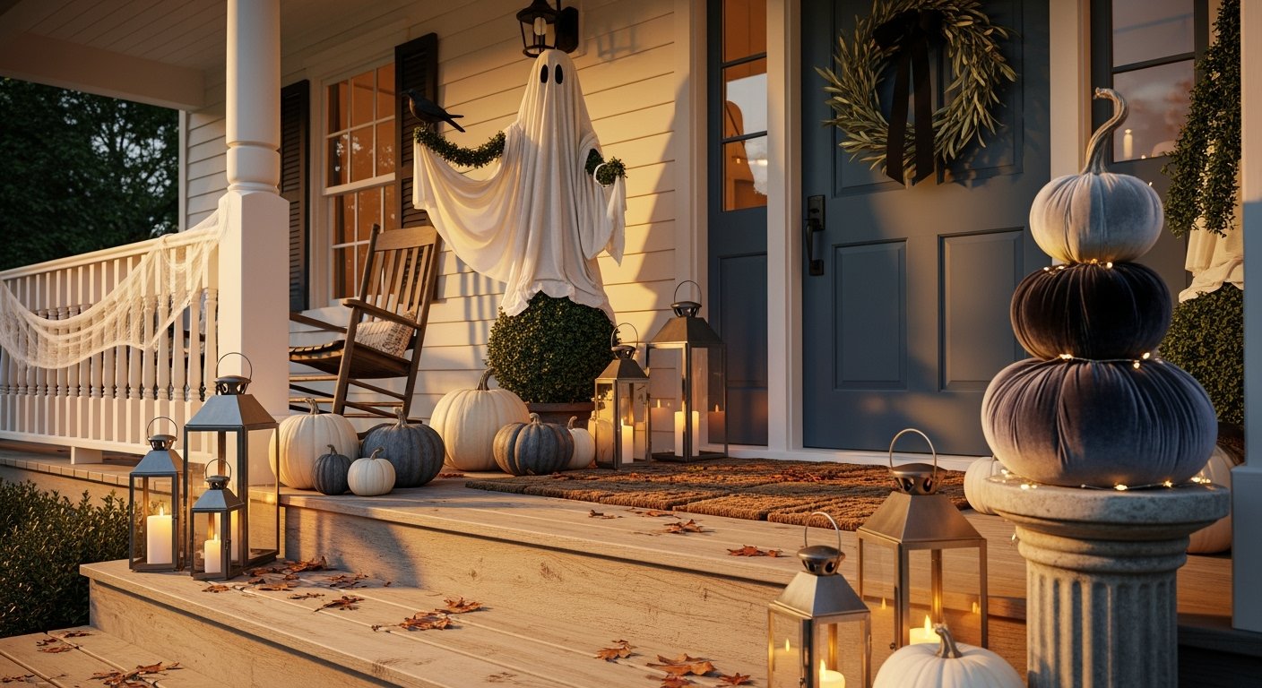 Front porch decorated with stacked velvet pumpkins, glowing lanterns, a ghost figure, and autumn leaves for a Spooky-Chic Halloween Home.
