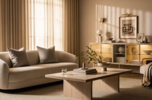 Neutral-toned living room with a curved cream sofa, minimalist wooden coffee table, and illuminated sideboard, styled with abstract art and soft natural light for a luxury apartment aesthetic.