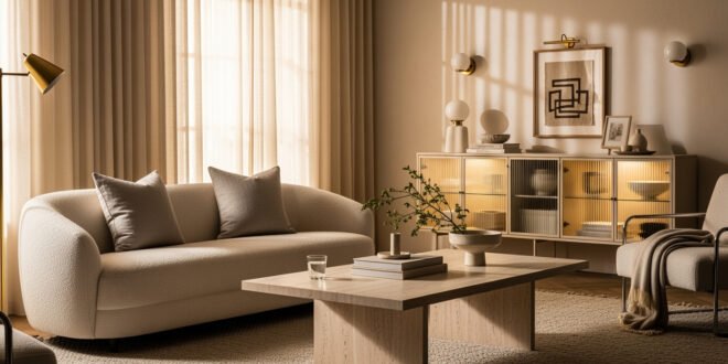 Neutral-toned living room with a curved cream sofa, minimalist wooden coffee table, and illuminated sideboard, styled with abstract art and soft natural light for a luxury apartment aesthetic.