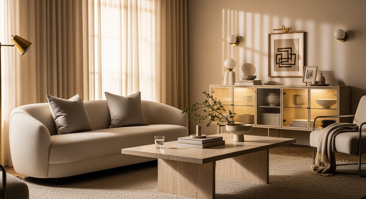 Neutral-toned living room with a curved cream sofa, minimalist wooden coffee table, and illuminated sideboard, styled with abstract art and soft natural light for a luxury apartment aesthetic.