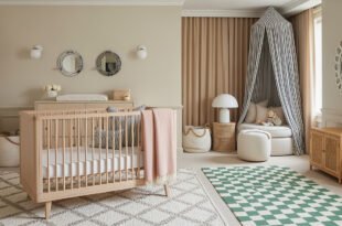 Neutral nursery with a light wood crib, soft patterned rugs, and a cozy reading nook under a striped canopy, creating a dreamy nursery bedroom.