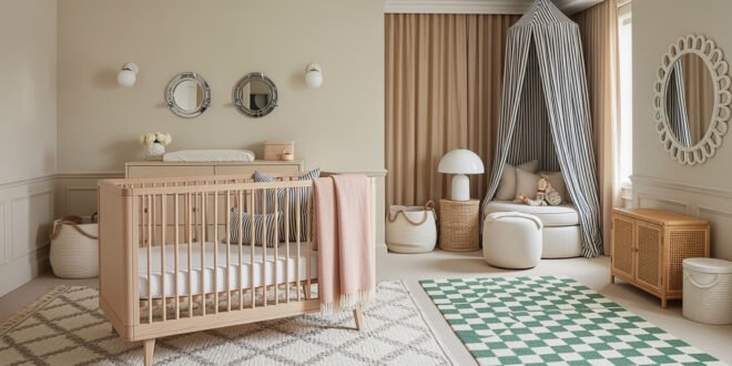 Neutral nursery with a light wood crib, soft patterned rugs, and a cozy reading nook under a striped canopy, creating a dreamy nursery bedroom.