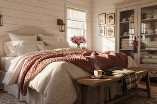 Sunlit romantic cozy farmhouse bedroom with a cream upholstered bed layered in soft floral bedding, a chunky pink knit throw, fresh pink flowers, and a wooden bench set with a cup of coffee.