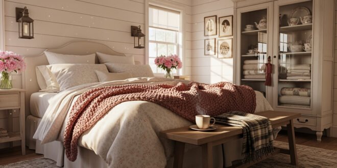 Sunlit romantic cozy farmhouse bedroom with a cream upholstered bed layered in soft floral bedding, a chunky pink knit throw, fresh pink flowers, and a wooden bench set with a cup of coffee.