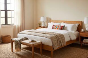 Cozy small bedroom with natural wood furniture, white bedding, and a textured rug, styled with warm neutral tones and a colorful accent pillow.
