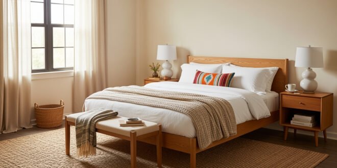 Cozy small bedroom with natural wood furniture, white bedding, and a textured rug, styled with warm neutral tones and a colorful accent pillow.