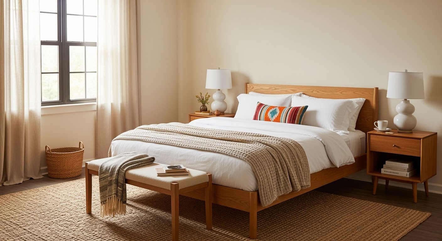 Cozy small bedroom with natural wood furniture, white bedding, and a textured rug, styled with warm neutral tones and a colorful accent pillow.