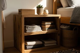 Wooden bedside shelf neatly organized with folded linens, stacked books, and small decorative items, offering practical storage ideas for small bedrooms.