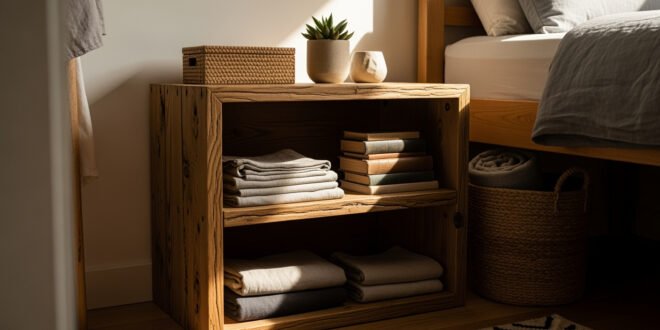 Wooden bedside shelf neatly organized with folded linens, stacked books, and small decorative items, offering practical storage ideas for small bedrooms.