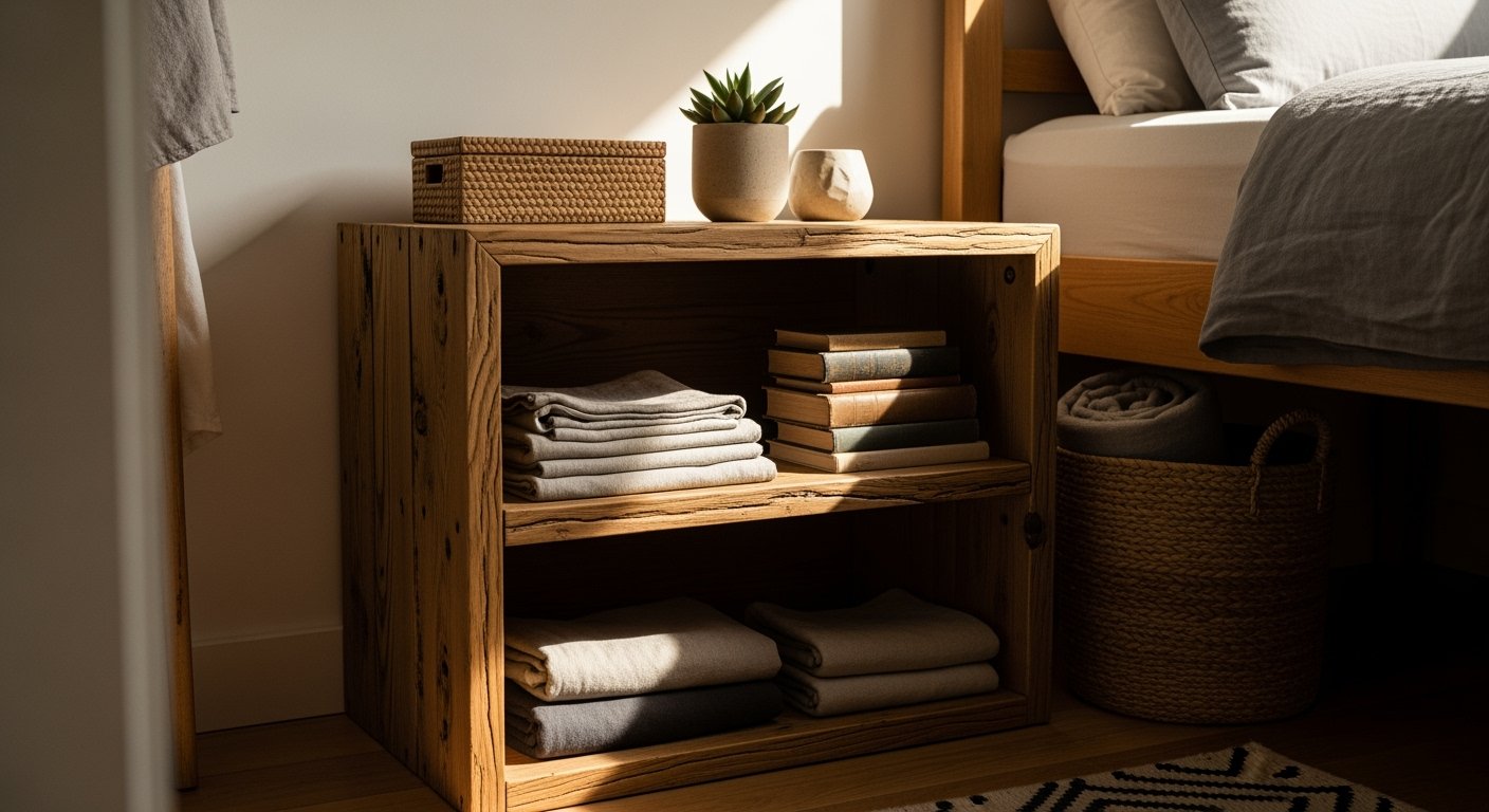 Wooden bedside shelf neatly organized with folded linens, stacked books, and small decorative items, offering practical storage ideas for small bedrooms.