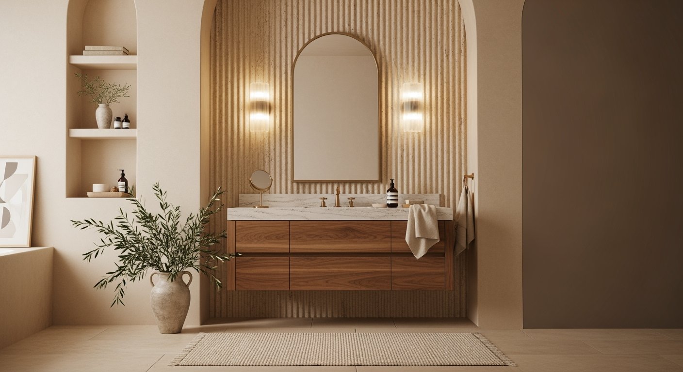 Bathroom Decor Ideas for Calm, Color, and Character Minimalist bathroom featuring warm neutral tones, a floating wooden vanity with a marble countertop, an arched mirror, ribbed wall texture, and soft lighting—an elegant example of modern bathroom decor ideas.