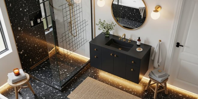 Modern bathroom with terrazzo floors, black vanity with gold fixtures, round mirror, and glass shower enclosure illuminated with soft under-cabinet lighting, offering Bathroom Decor Inspo.