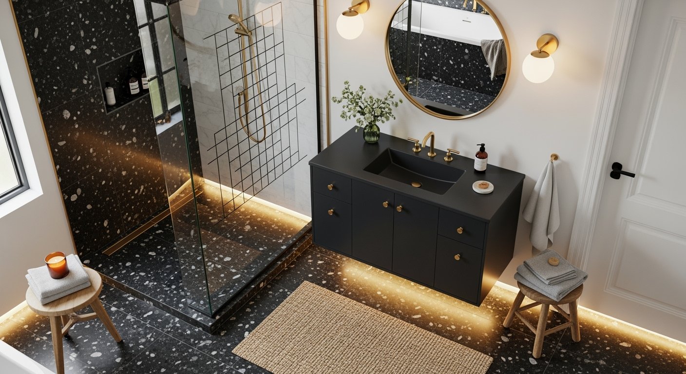 Modern bathroom with terrazzo floors, black vanity with gold fixtures, round mirror, and glass shower enclosure illuminated with soft under-cabinet lighting, offering Bathroom Decor Inspo.