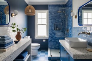 Modern bathroom with blue fish scale shower tiles, terrazzo counters, and neatly folded towels adding a touch of blue bathroom decor.