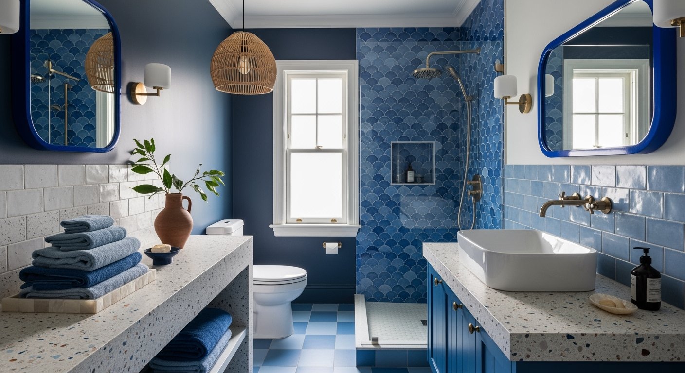 Modern bathroom with blue fish scale shower tiles, terrazzo counters, and neatly folded towels adding a touch of blue bathroom decor.