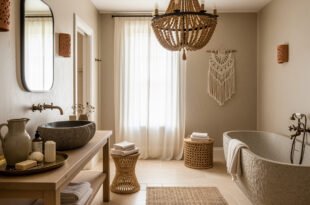 Neutral-toned bathroom with a stone soaking tub, vessel sink, wood vanity, woven chandelier, and macrame wall hanging for boho bathroom decor.