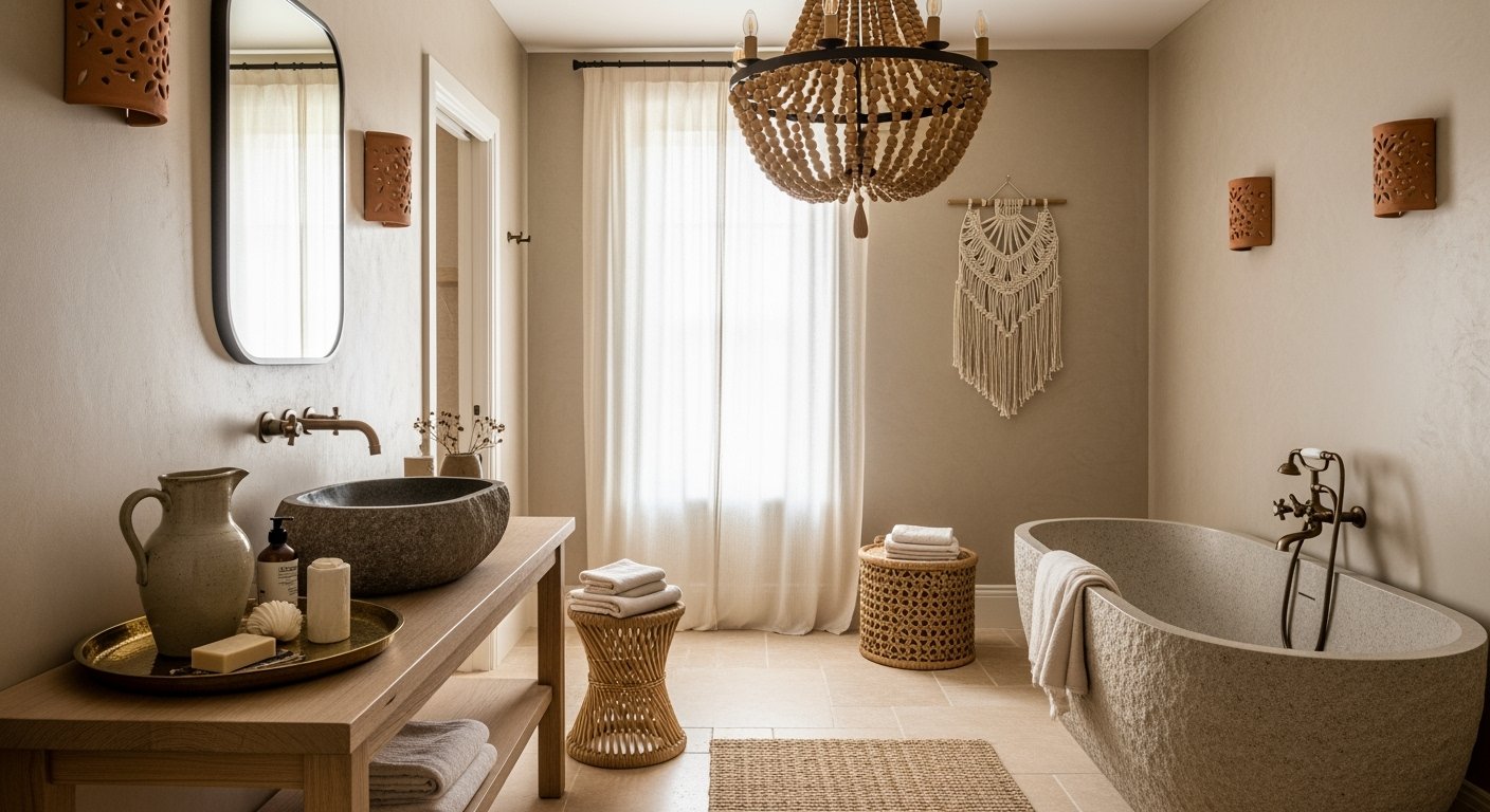 Neutral-toned bathroom with a stone soaking tub, vessel sink, wood vanity, woven chandelier, and macrame wall hanging for boho bathroom decor.