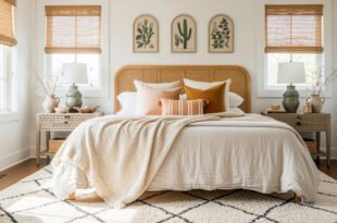Bright bedroom with a rattan headboard, soft neutral bedding, warm-toned pillows, and matching wooden nightstands beneath windows with bamboo shades, styled with green ceramic lamps and minimalist botanical wall art, creating a cozy boho bedroom vibe.