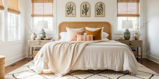 Bright bedroom with a rattan headboard, soft neutral bedding, warm-toned pillows, and matching wooden nightstands beneath windows with bamboo shades, styled with green ceramic lamps and minimalist botanical wall art, creating a cozy boho bedroom vibe.