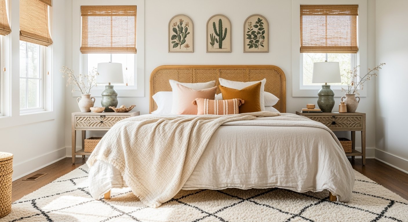 Bright bedroom with a rattan headboard, soft neutral bedding, warm-toned pillows, and matching wooden nightstands beneath windows with bamboo shades, styled with green ceramic lamps and minimalist botanical wall art, creating a cozy boho bedroom vibe.