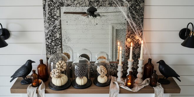 Chic Farmhouse Halloween: 13 Cozy, Stylish Decor Ideas 1 Rustic mantel decorated with faux cobwebs, black crow figurines, amber glass bottles, pillar candles, and cloche-covered white pumpkins for farmhouse Halloween home décor.