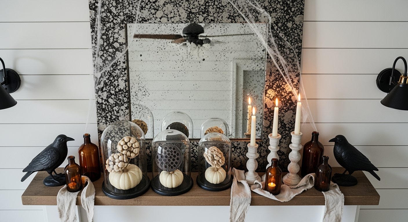 Rustic mantel decorated with faux cobwebs, black crow figurines, amber glass bottles, pillar candles, and cloche-covered white pumpkins for farmhouse Halloween home décor.