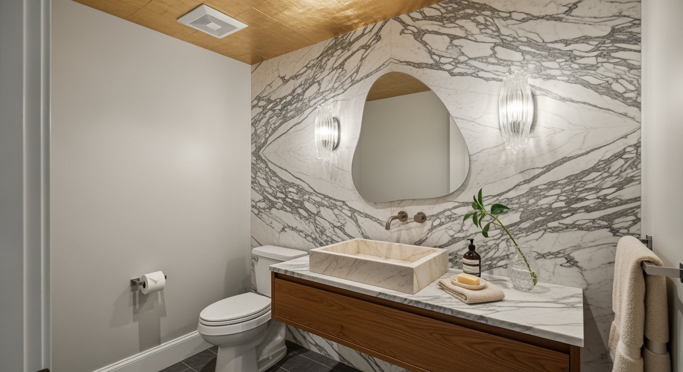 Modern half bathroom with a marble accent wall, floating wood vanity, vessel sink, and abstract mirror framed by two wall sconces.