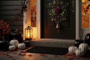 Front porch decorated with black and white pumpkins, autumn leaves, a glowing lantern, and a floral Halloween door hanger on a dark door.