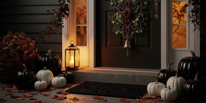 Front porch decorated with black and white pumpkins, autumn leaves, a glowing lantern, and a floral Halloween door hanger on a dark door.