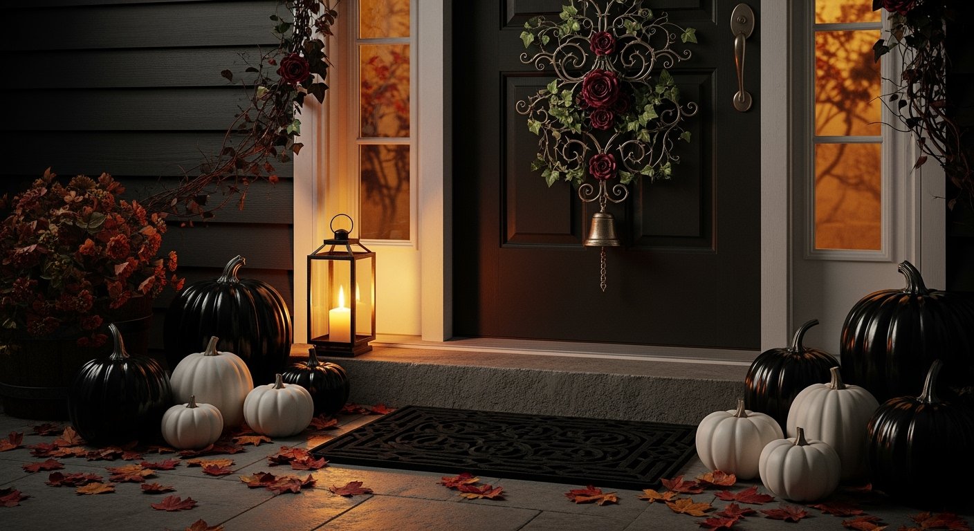 Front porch decorated with black and white pumpkins, autumn leaves, a glowing lantern, and a floral Halloween door hanger on a dark door.