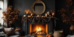 A dark living room with a crackling fire, where the mantel is styled with pumpkins, candles, skulls, and autumn leaves for a spooky-chic Halloween fireplace décor.