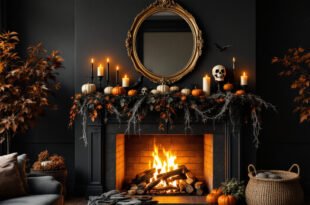 A dark living room with a crackling fire, where the mantel is styled with pumpkins, candles, skulls, and autumn leaves for a spooky-chic Halloween fireplace décor.