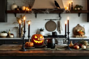 A halloween kitchen island decorated with a glowing jack-o’-lantern, black candlesticks, pumpkins, and autumn produce, with shelves behind styled in a Spooky-Chic Halloween Home theme.