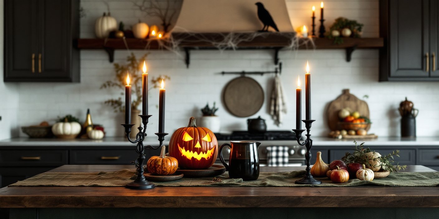 A halloween kitchen island decorated with a glowing jack-o’-lantern, black candlesticks, pumpkins, and autumn produce, with shelves behind styled in a Spooky-Chic Halloween Home theme.
