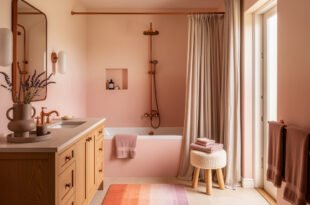 Warm bathroom with soft pink walls, a wood vanity with double sinks, and copper fixtures, featuring a bathtub with blush towels, a striped rug, and cozy pink bathroom decor.