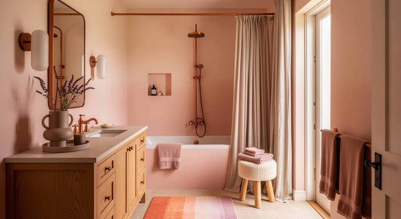 Warm bathroom with soft pink walls, a wood vanity with double sinks, and copper fixtures, featuring a bathtub with blush towels, a striped rug, and cozy pink bathroom decor.