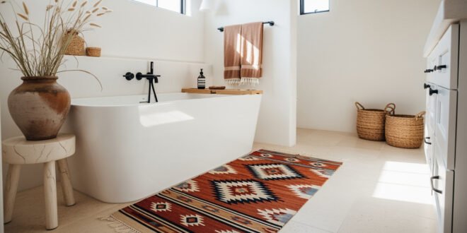 Bright bathroom with a freestanding white tub, terracotta vase of dried grasses, patterned southwestern rug, woven baskets, and warm neutral accents for Bathroom Decor Inspo.