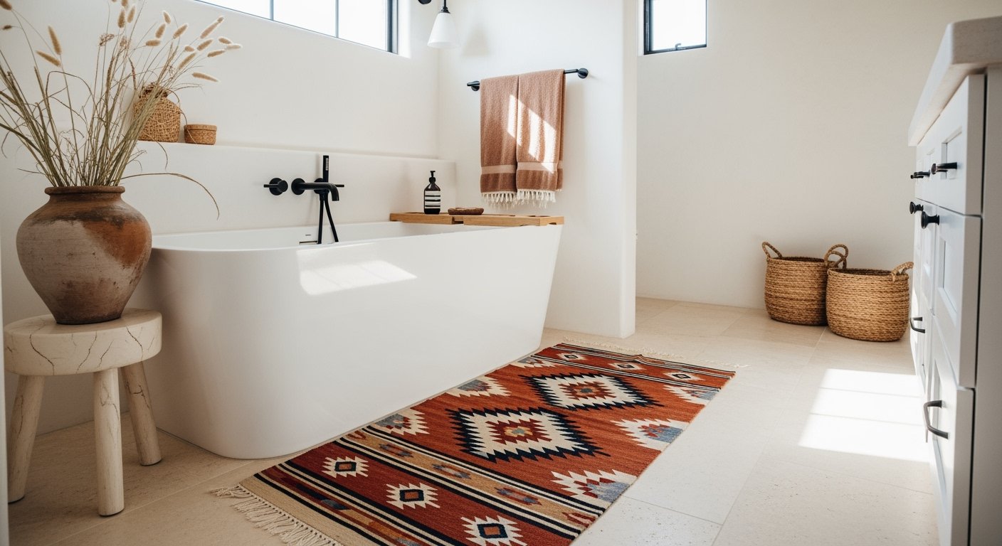 Bright bathroom with a freestanding white tub, terracotta vase of dried grasses, patterned southwestern rug, woven baskets, and warm neutral accents for Bathroom Decor Inspo.