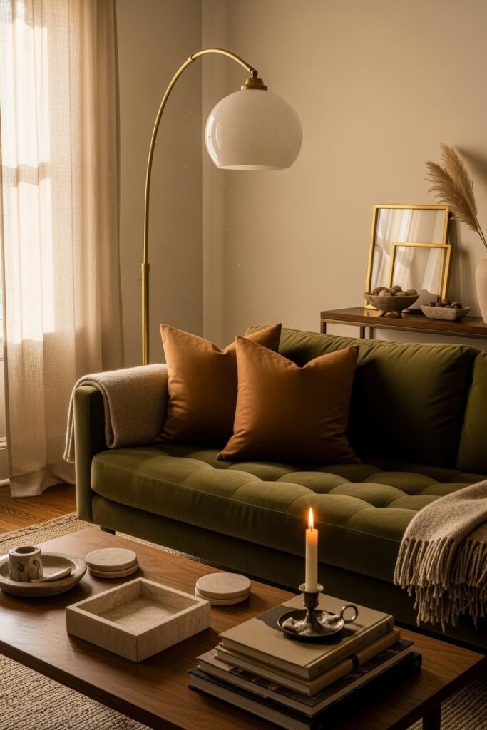 Chic Ideas for Aesthetic Apartment Decor That Feels Effortless 2 Warm-toned living room featuring a green velvet sofa with rust-colored pillows, cozy candlelight on a wooden coffee table, and a gold floor lamp beside layered wall art.